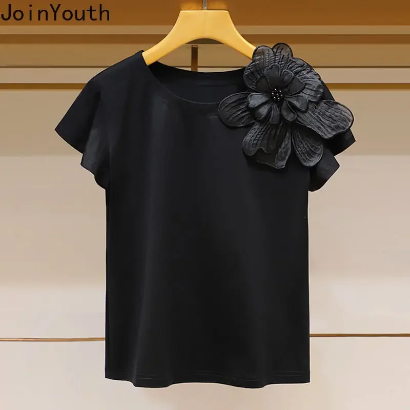 2024 Ropa Mujer Fashion T-shirts Women 3D Floral Loose Casual T Shirts O-neck Short Sleeve Tees Ruffles Sweet Summer Tshirt Tops