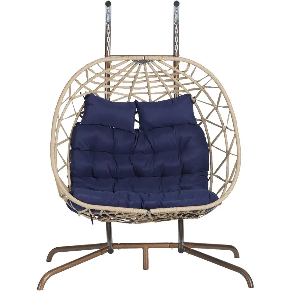 

Двухместное уличное кресло-гамак из ротанга с подушкой, подходит для патио, сада или использования в помещении - бежевое