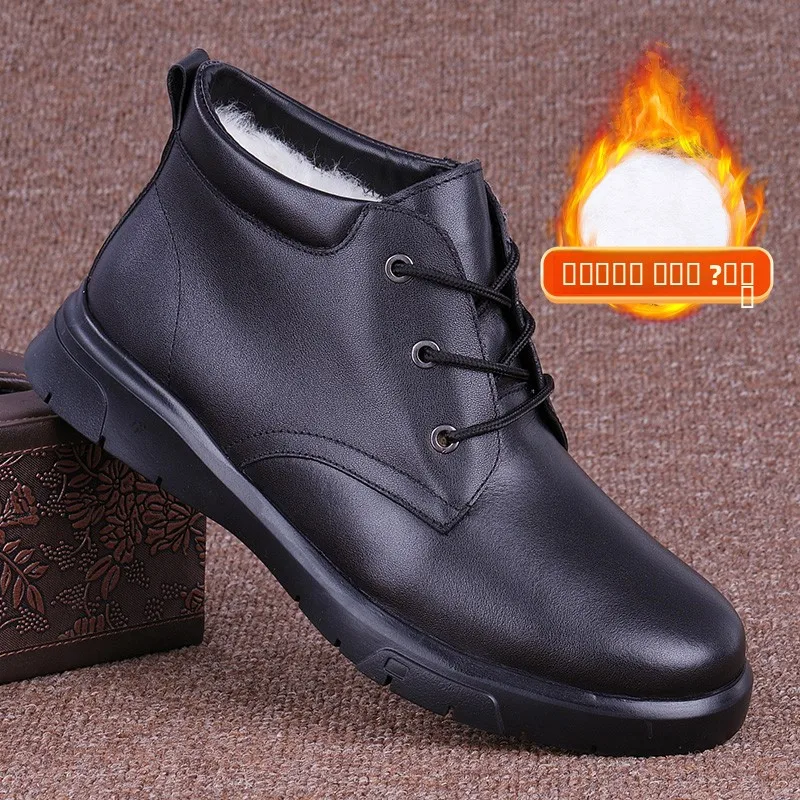 

Men's High-Top Boots Genuine Leather Winter Warm Fce Inteated Snow Boots Casual Low Heel round Toe Rubber Sole