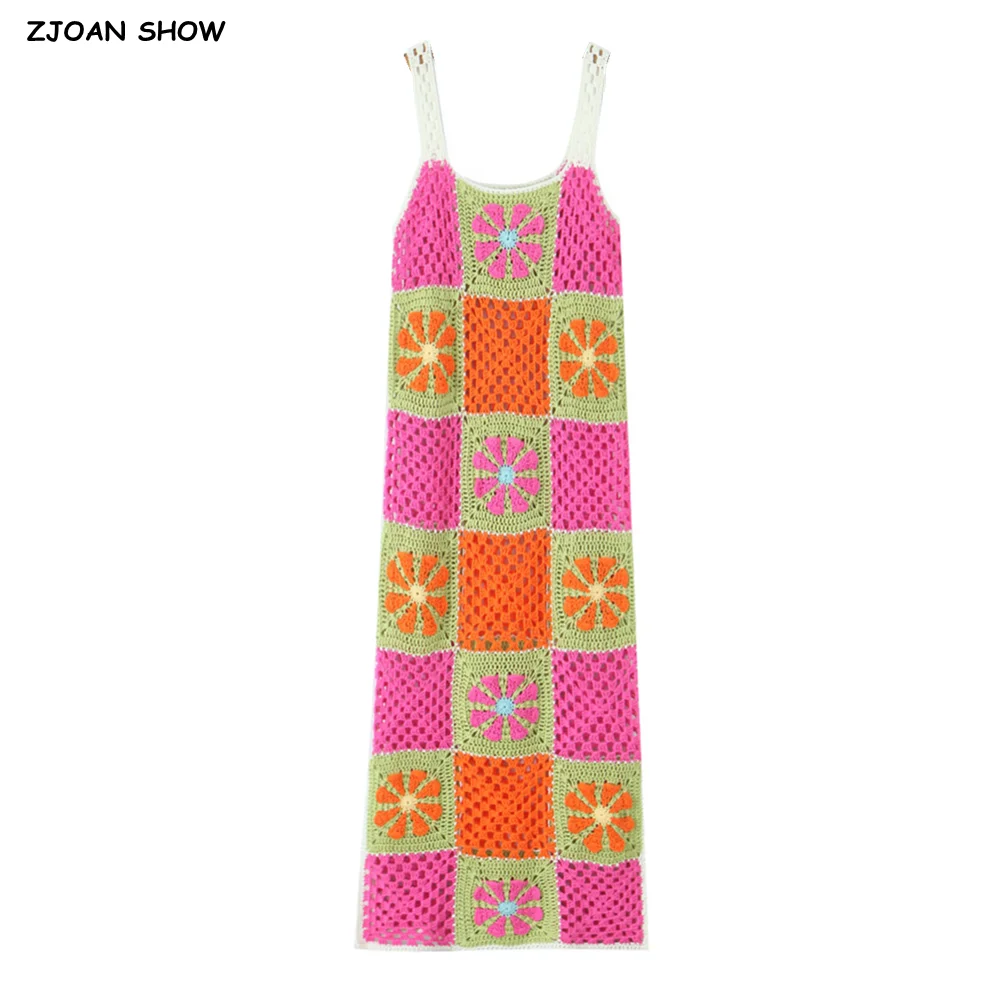

Ethnic BOHO Summer Hand made Colored Plaid Crochet Sling Dress Holiday Women O neck Slit Hem Spaghetti Strap Midi Robe Beach