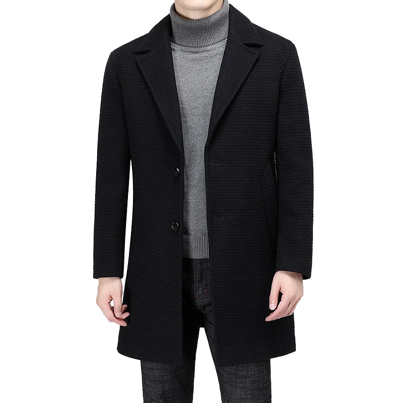 Quality Casual Men Autumn Winter 35%Wool 65%Cotton Blend Woolen Coats Black Mid-Long Top Jacket Windbreaker Outerwear Overcoat