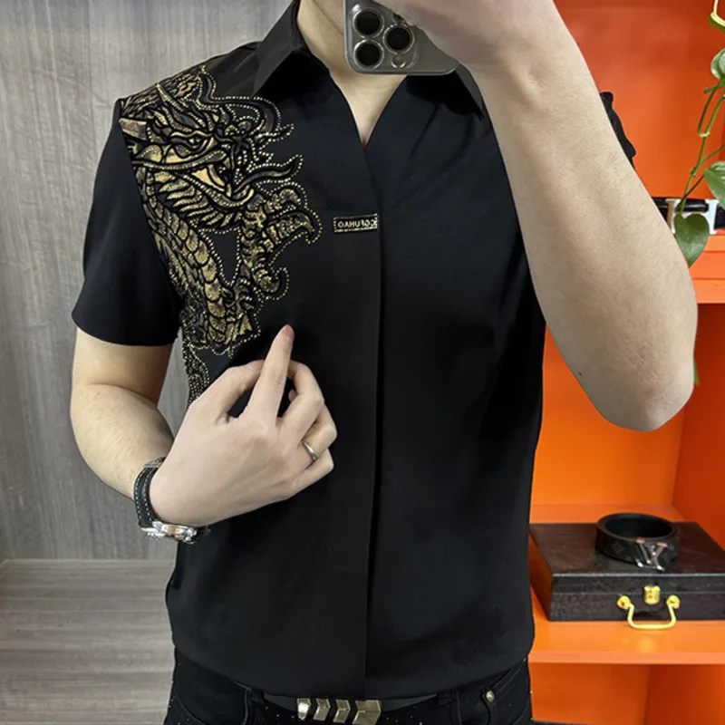 2024 Summer Fashion Chinese Loong Hot Drill Shirt Hawaiian Male Shirt Camicia Uomo Streetwear Shirt Short Sleeve Camisa Hombre