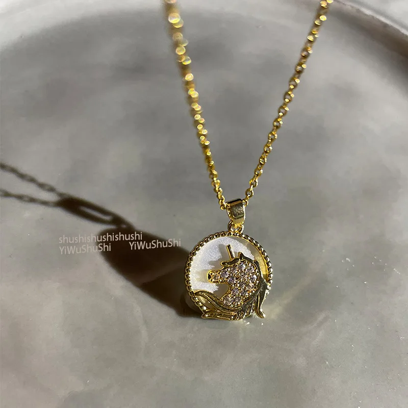 New Romantic Micro Inlay Zircon Unicorn Necklace for Women Gold color Temperament Exquisite Luxury Jewelry Birthday Gift Girls