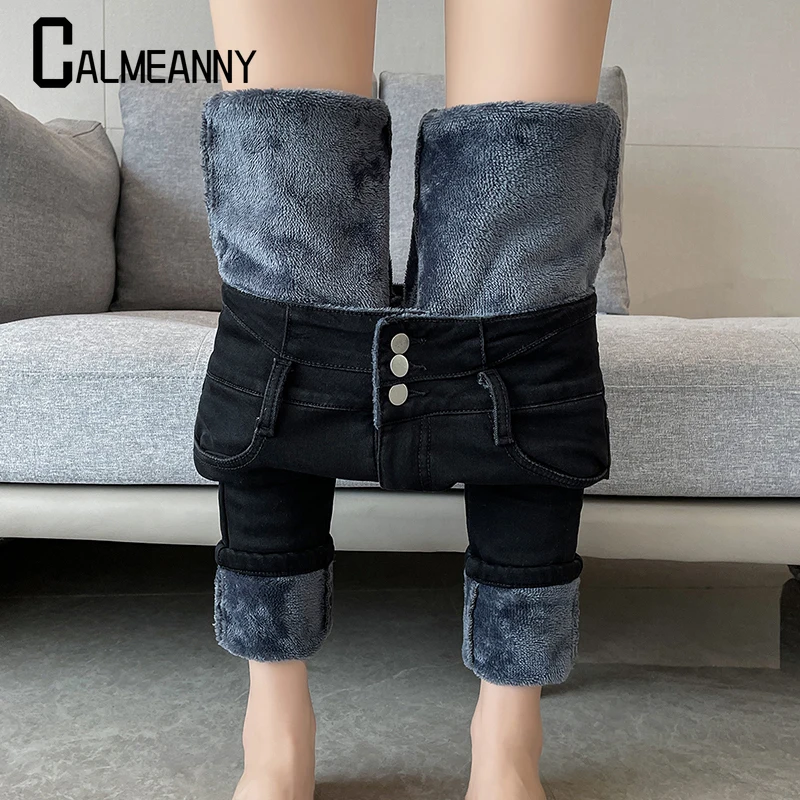 Women fashion Thermal Jeans Denim Skinny Stretch Jeans High Waist Winter Plush Warm Lamb Fleece Lady Plus Size Pencil Trousers