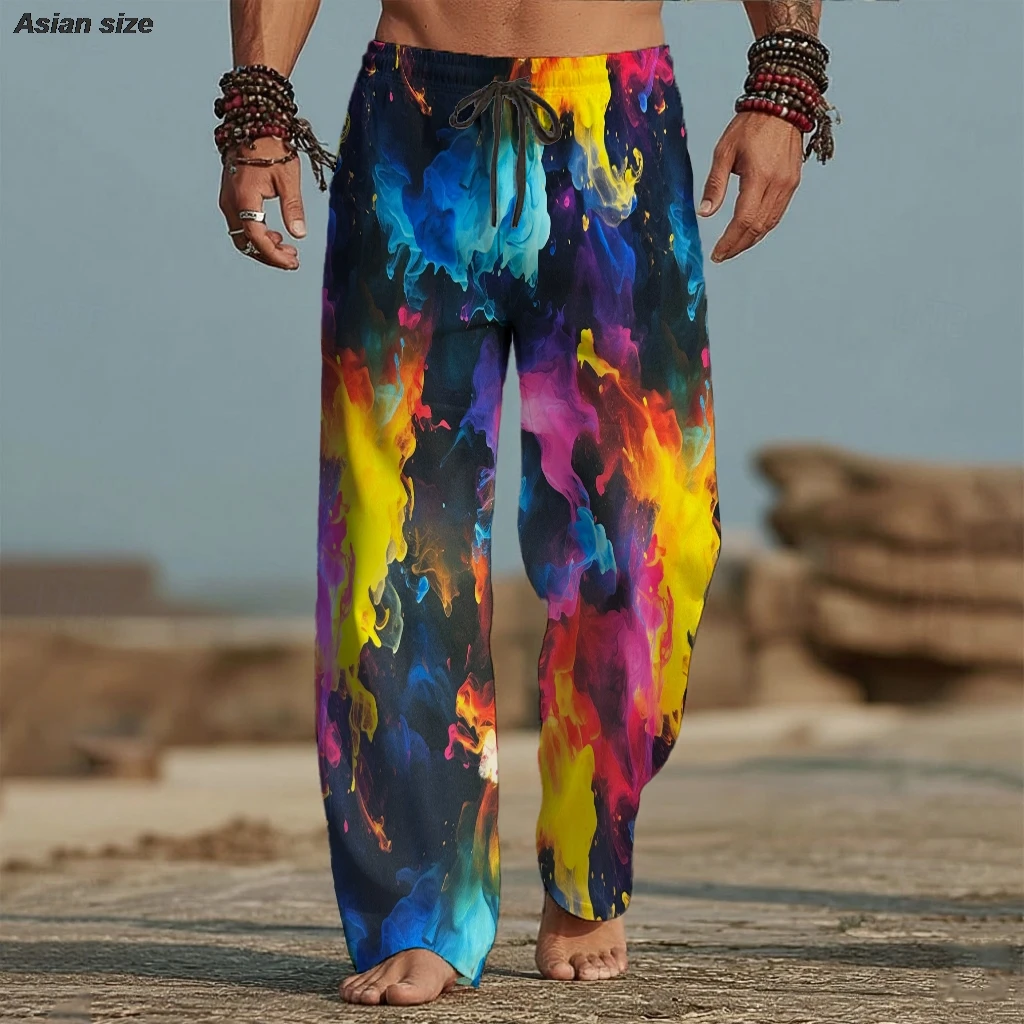 2026 Men's 3D Print Artistic Tie-dye Trousers Baggy Pants Casual Pants Mid Waist Vacation Elastic Drawstring Waist Pants Spring