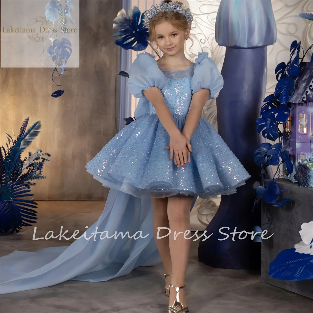 

Pink Flower Girl Dress For Wedding Puffy Sky Blue Tulle Sequins Pageant Kids Birthday Dress with Big Bow Ball Gown