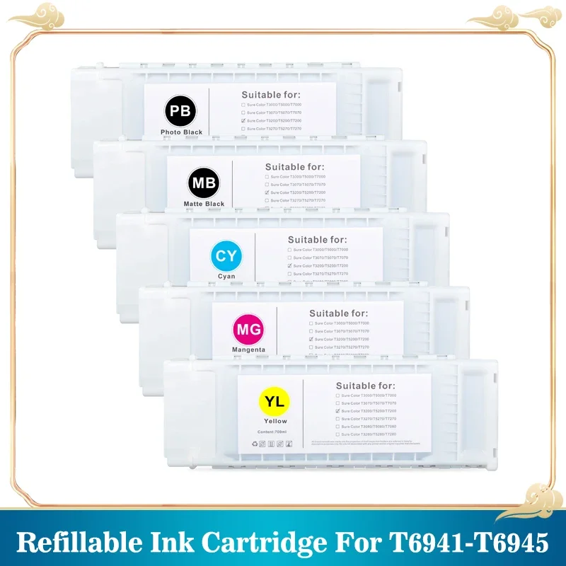 T6941-T6945 Empty Refillable Ink Cartridge with Chip for Epson SureColor T3000 T3200 T5200 T7200 T3270 T5270 T7270 700ML/PC