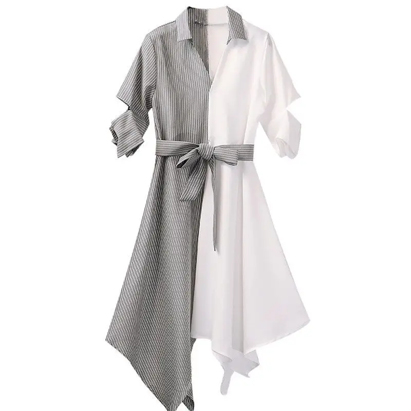 Robes à col en V irrégulières épissées pour femmes, mode coréenne, décontracté, chic, bandage, rayé, vêtements pour femmes, été, 2023