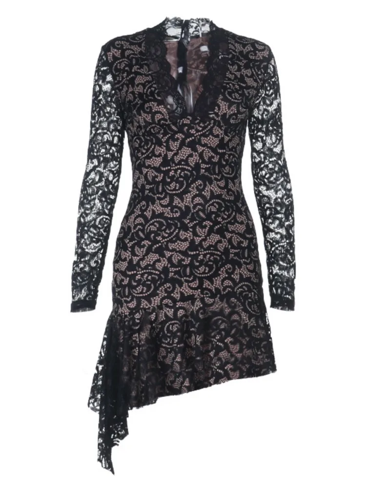 Summer Y2k Women's Dresses Sexy Sheer Mesh Lace Bodycon Dress Flared Long Sleeve V-Neck Mini Dress Party Club Evening Dresses