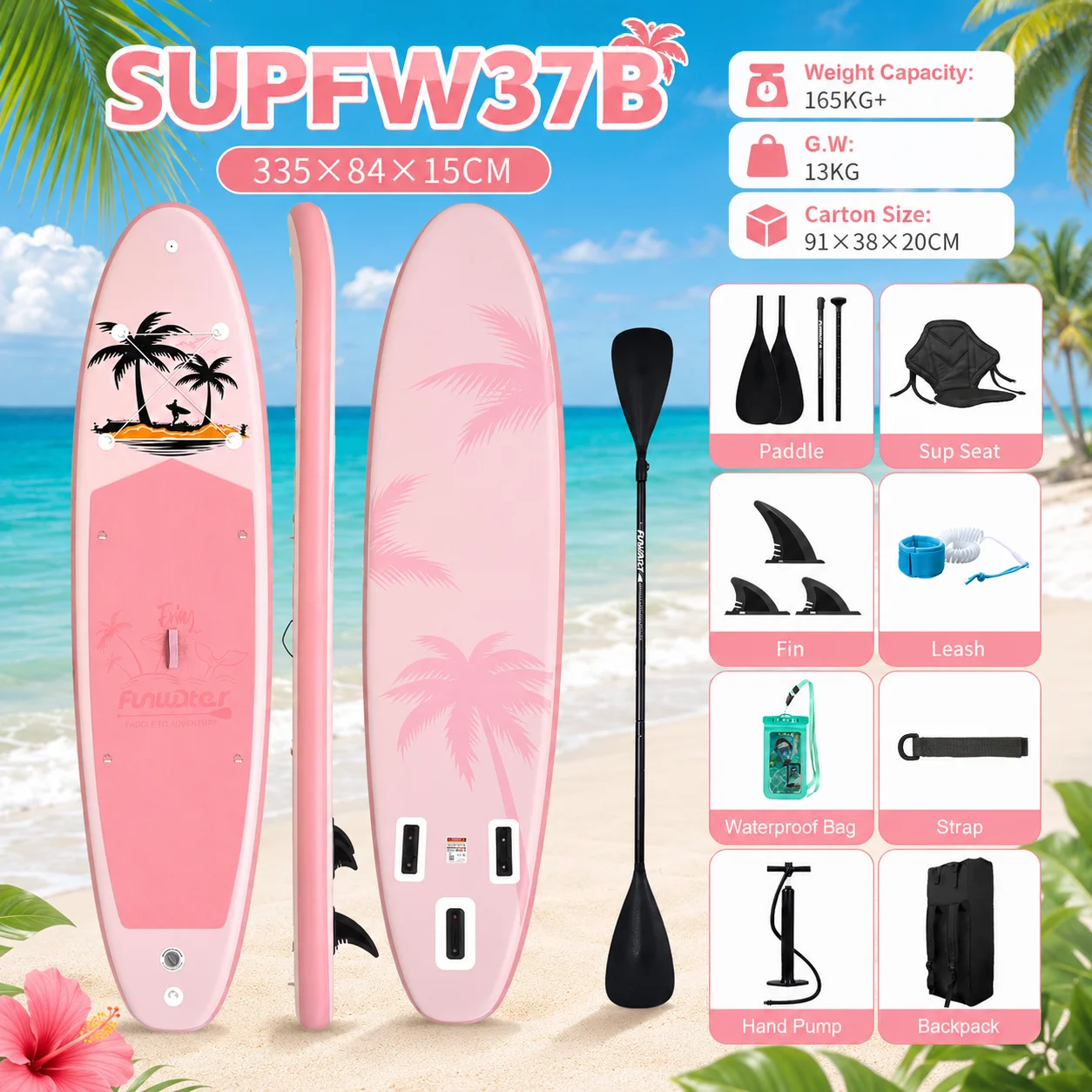 Tabla de Paddle Surf Inflable Funwater SUPFW37B 335x84x15cm, Capacidad 165kg, Tabla SUP Ligera de 13kg para Adultos y Jóvenes con Remo, Asiento, Quilla, Correa, Bolsa Impermeable, Correa de Transporte, Bomba Manual, Mochila, Estable, Duradera, Portátil, Kit de Tabla para Deportes Acuáticos, Playa