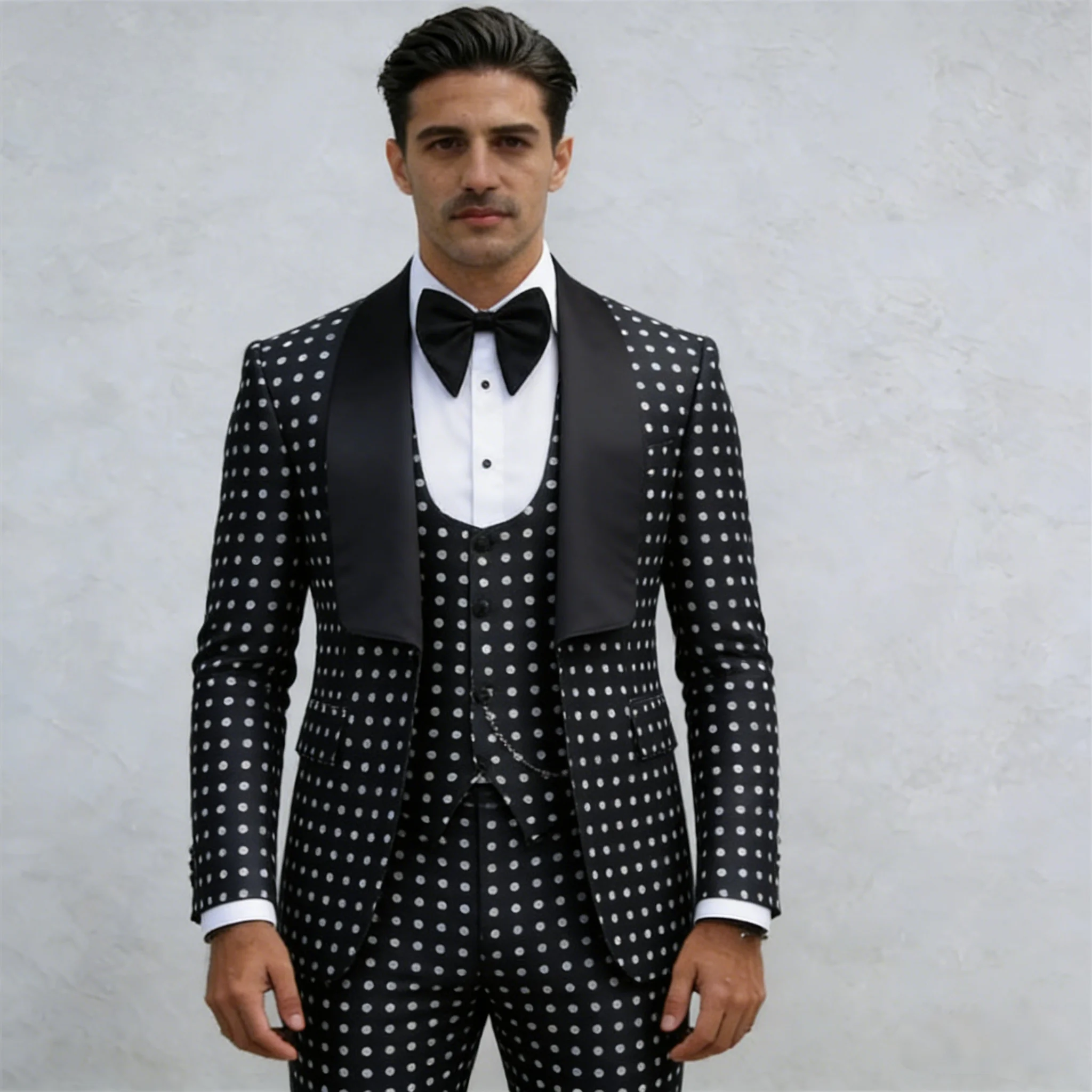 

Formal Black Dots Tuxedos Suits For Men Single Breasted Jacket Vest Pants 3 Pieces Groom Wedding Dresses Customized Man Clothing