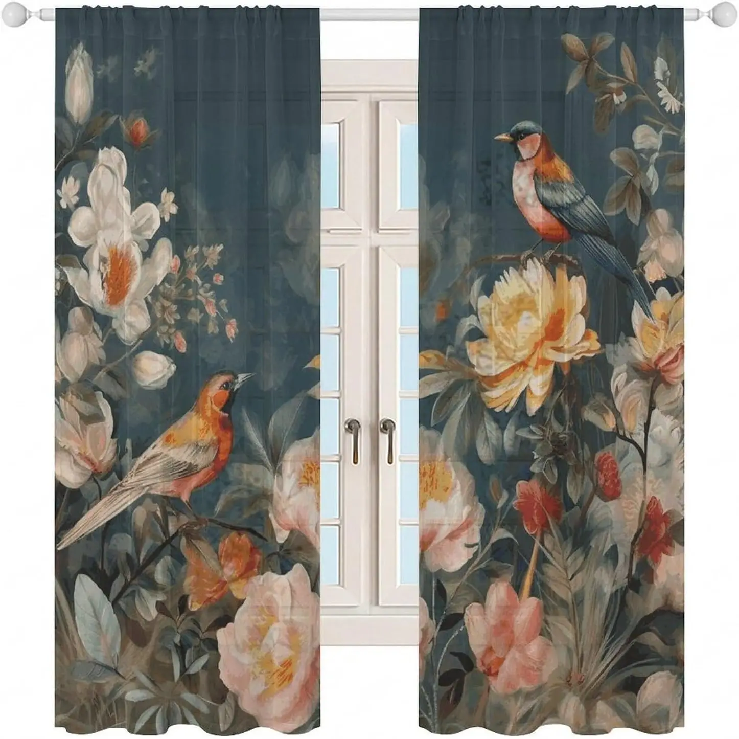 Large Floral Botanical Curtain Pair 2pcs Aesthetic Peony Rose Window Drapes Luxury Romance Style Living Room Curtains