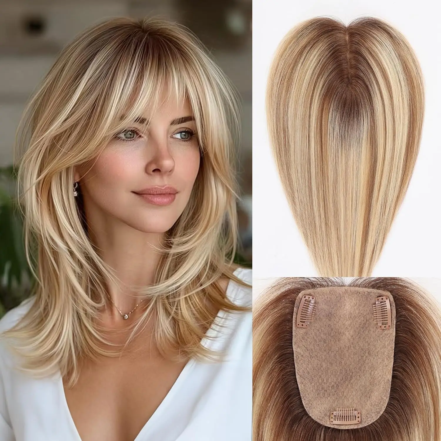 Human Hair Topper 12 Inch 4x5.5 Inch Simulation Silk Base 3 Non-Slip Clips Ombre Blonde with Highlight Hairpiece for Women