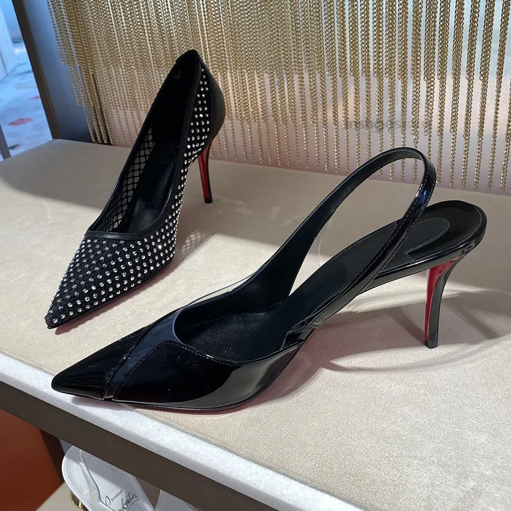 

Новинка лета 2024, женские туфли на красной подошве, прозрачные туфли на высоком каблуке с острым носком, женские сандалии на тонком каблуке