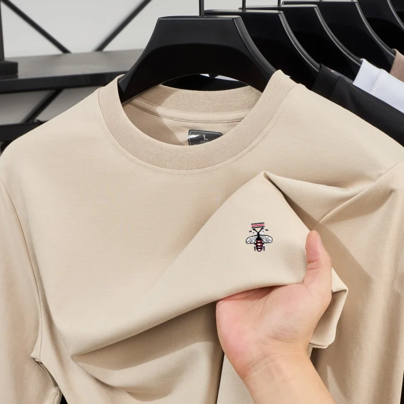 2025 الراقية العلامة التجارية الرجال الجولة الرقبة طويلة الأكمام سلس الخريف قمة المألوف الأصلي النحل التطريز الرياضة تي شيرت غير رسمي