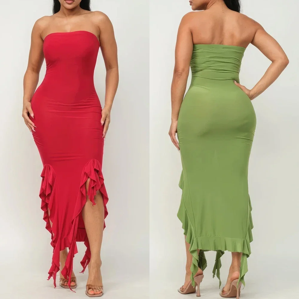 

Customized Ruffle Slit Tube Maxi Dress A-Line Evening Dresses Sleeveless Prom Gown Exquisite High Quality Party Gowns for Women