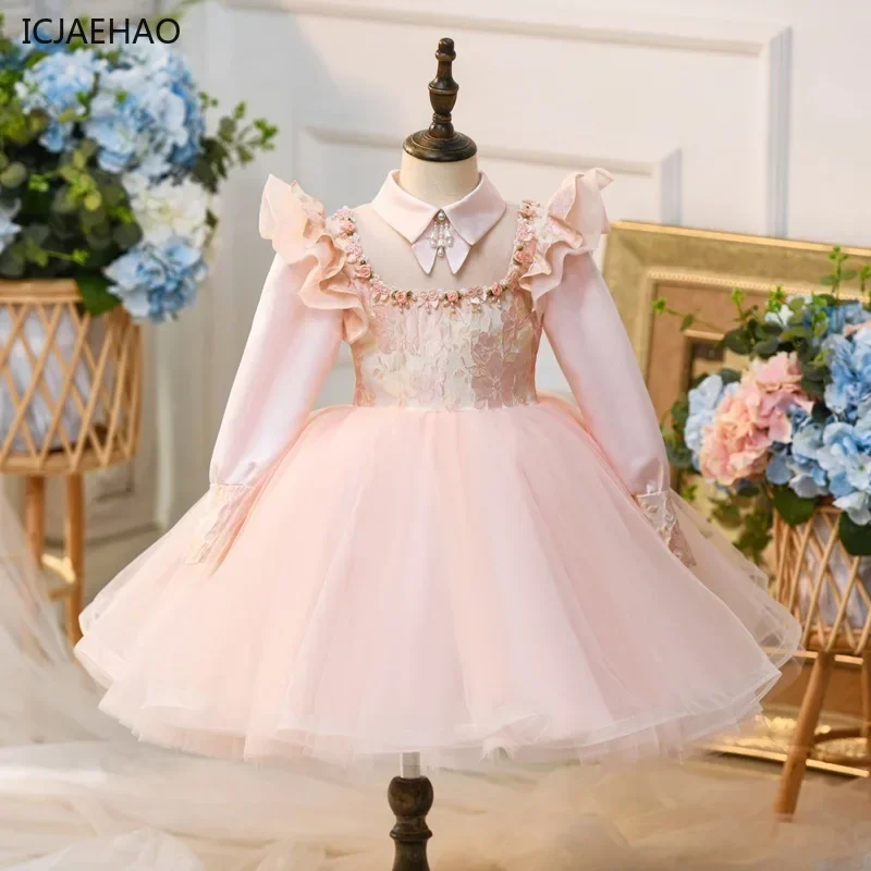 

ICJAEHAO 2024 Flower Girl's Wedding Dress Piano Performance Children's Birthday Party Elegant Princess Host Long Sleeve Clothes