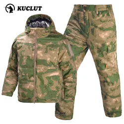 Outdoors Men Winter Camouflage Thicken Set Comfortable Wear Resistant Camo Suit Tactical Hooded Charge Jacket+warm Pant 2-piece