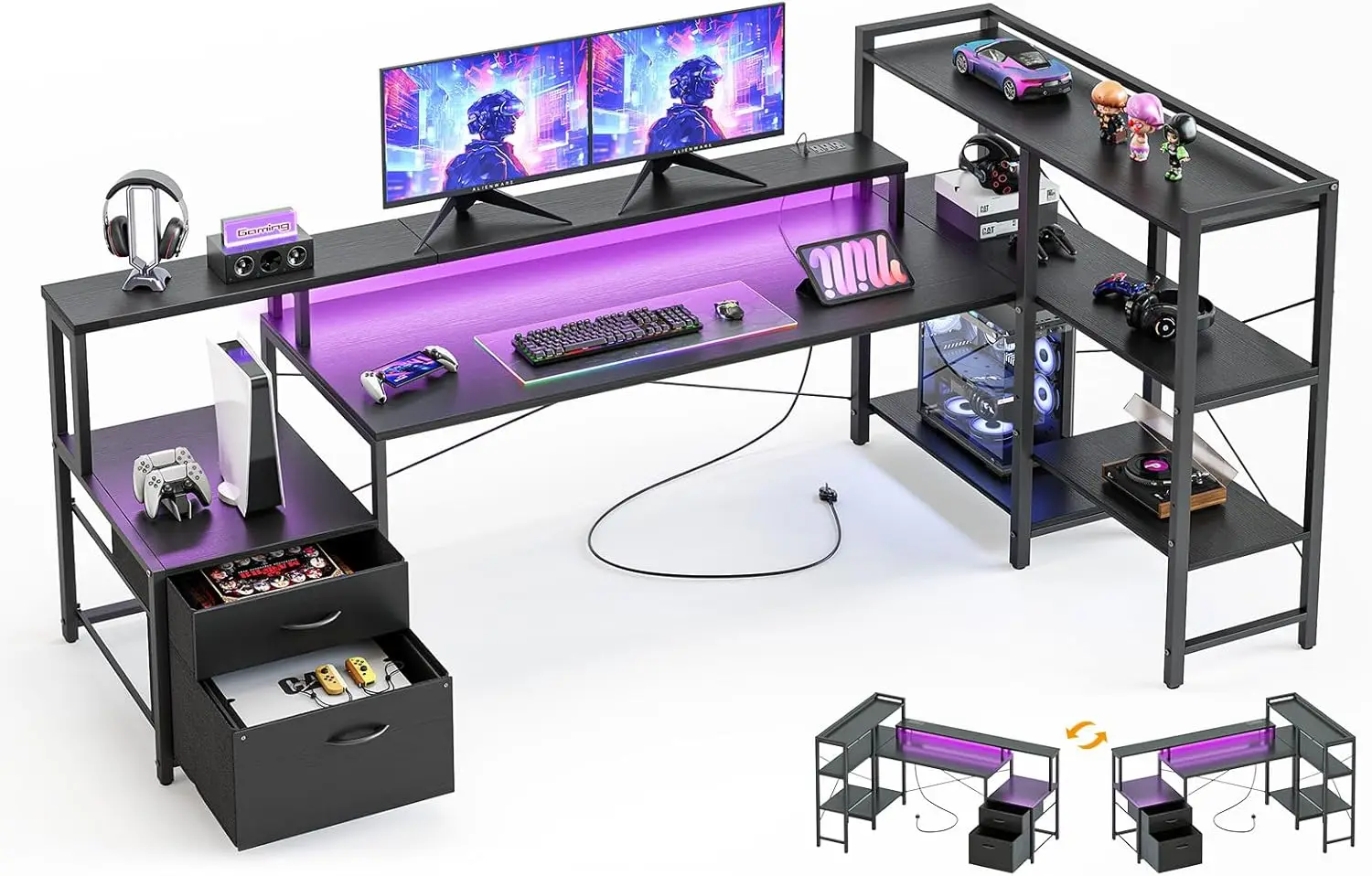 

75 inch Computer Desk with Drawers, Reversible Home Office Gaming Corner Desk with LED Lights and Power Outlet File Cab