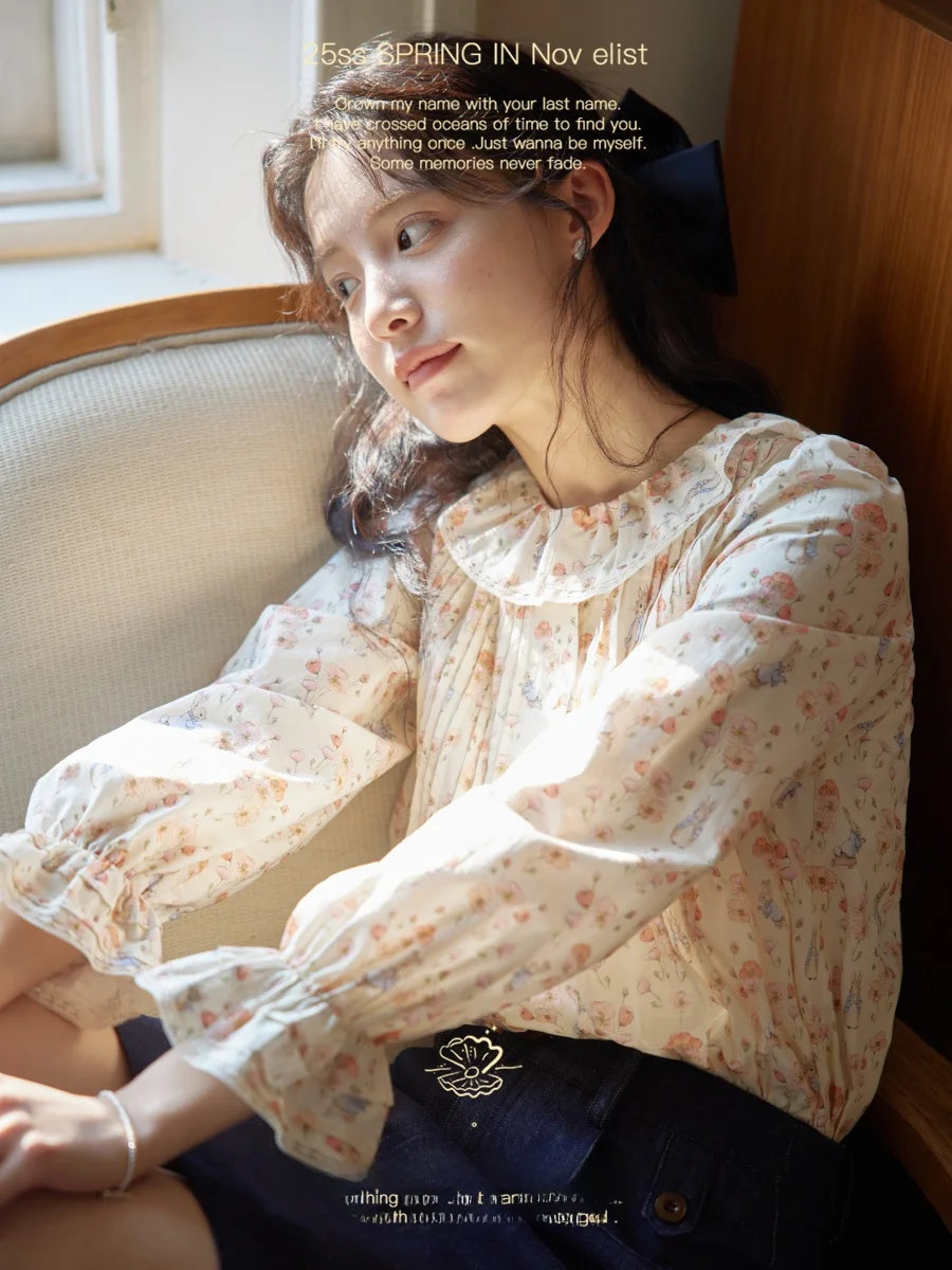 

Nov Et Sweet Floral Print Long Sve irt Women's Faionable Ruffle Collar Blouse Cotton Bubble Sve Vintage Sle