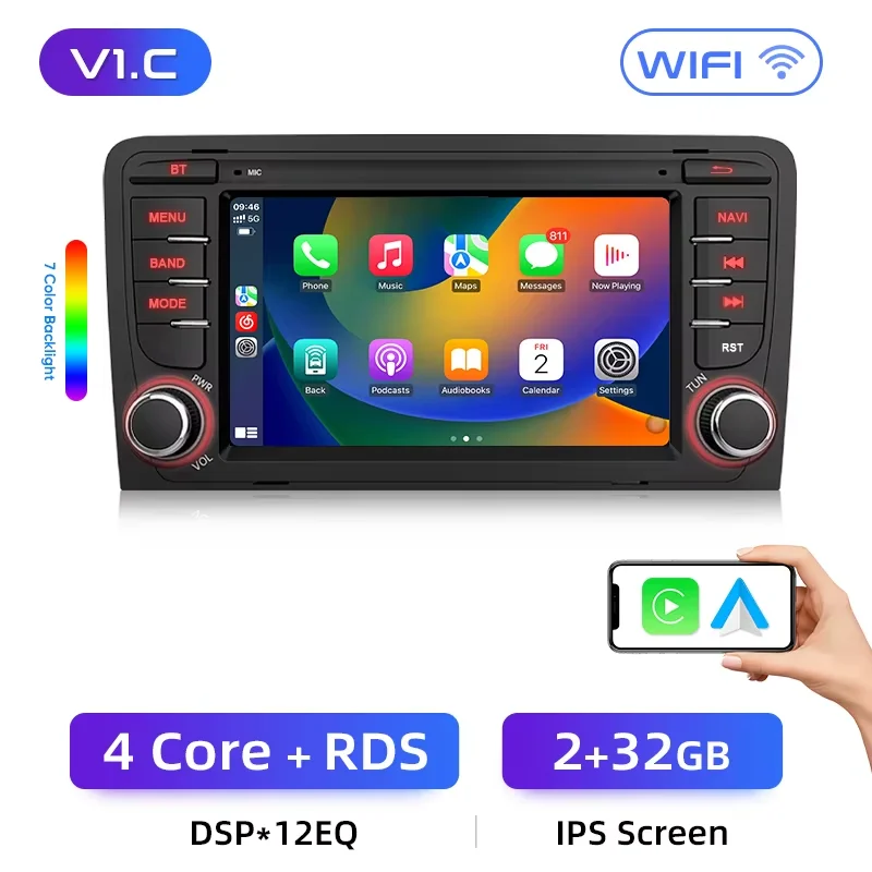 Junsun 7 inch draadloze CarPlay voor Apple Android Auto autoradio voor Audi A3 8P S3 RS3 2003-2012 GPS navigatie SWC Bluetooth FM RDS DSP IPS touchscreen auto intelligent systeem AI spraakbesturing 4G