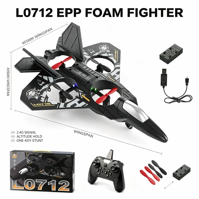 2.4G RC EPP Foam Fighter Plane Fixed Height Gravity Sensing 4 Motors Stable Night Flight Aircraft With LED Light Kids Toy Gift