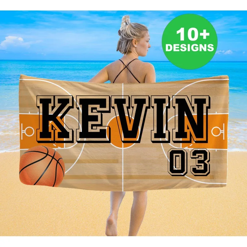 Custom Children Name Beach Towel Football Basketball Ball Pattern Block Font Personalized Bath Towels for Home Pool Kids Gift