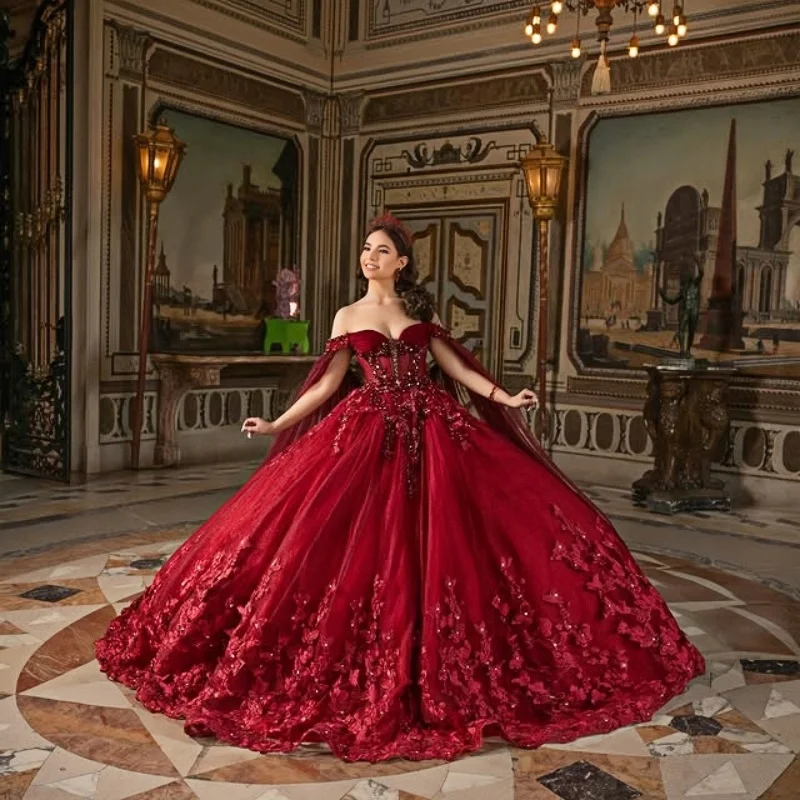 

Customized Shiny Red Off Shoulder Quinceanera Dress applique 3D flower crystal Tull Lace vestidos de 15 Quinceanera ﻿