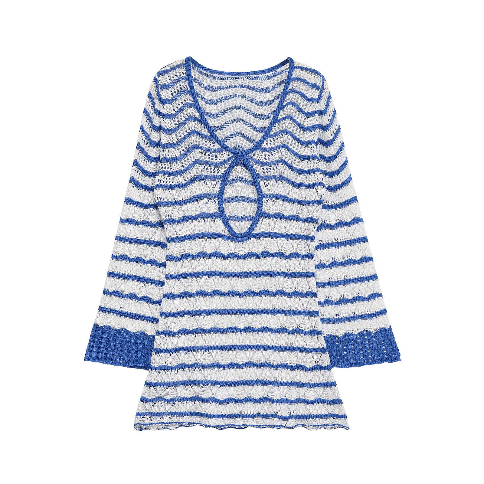 Mini abito da spiaggia in maglia con maniche a campana con scollo a V chic a righe Boho sexy, copricostume estivo da donna per le vacanze al mare