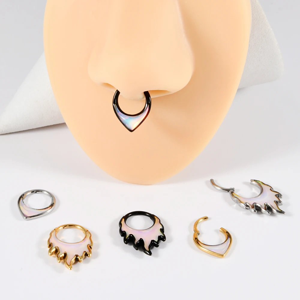Stainless Steel Waterdrop Rook Daith Earrings Clicker Segment Nose Rings With Flash Film Helix Cartilage Tragus Nostril Piercing