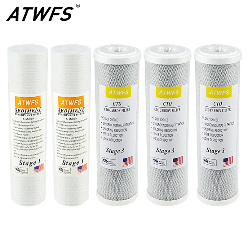 ATWFS High Capacity Pre-Filter Reverse Osmosis Water Filter System Stage 1, 2&3, pack of 2 sediment and 3 carbon black Filters