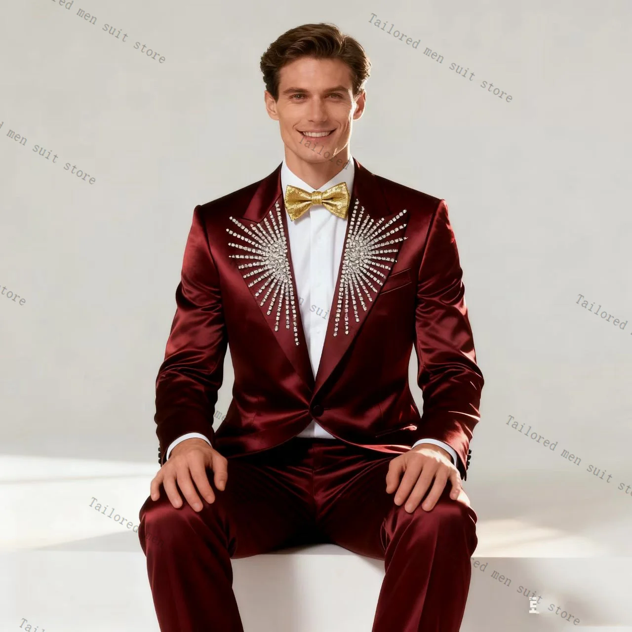 

Satin Crystals Men Suits Pants Set 2 Pcs Blazer+Trousers Autumn Groom Wedding Tuxedos Prom Jacket Formal Office Business Coat