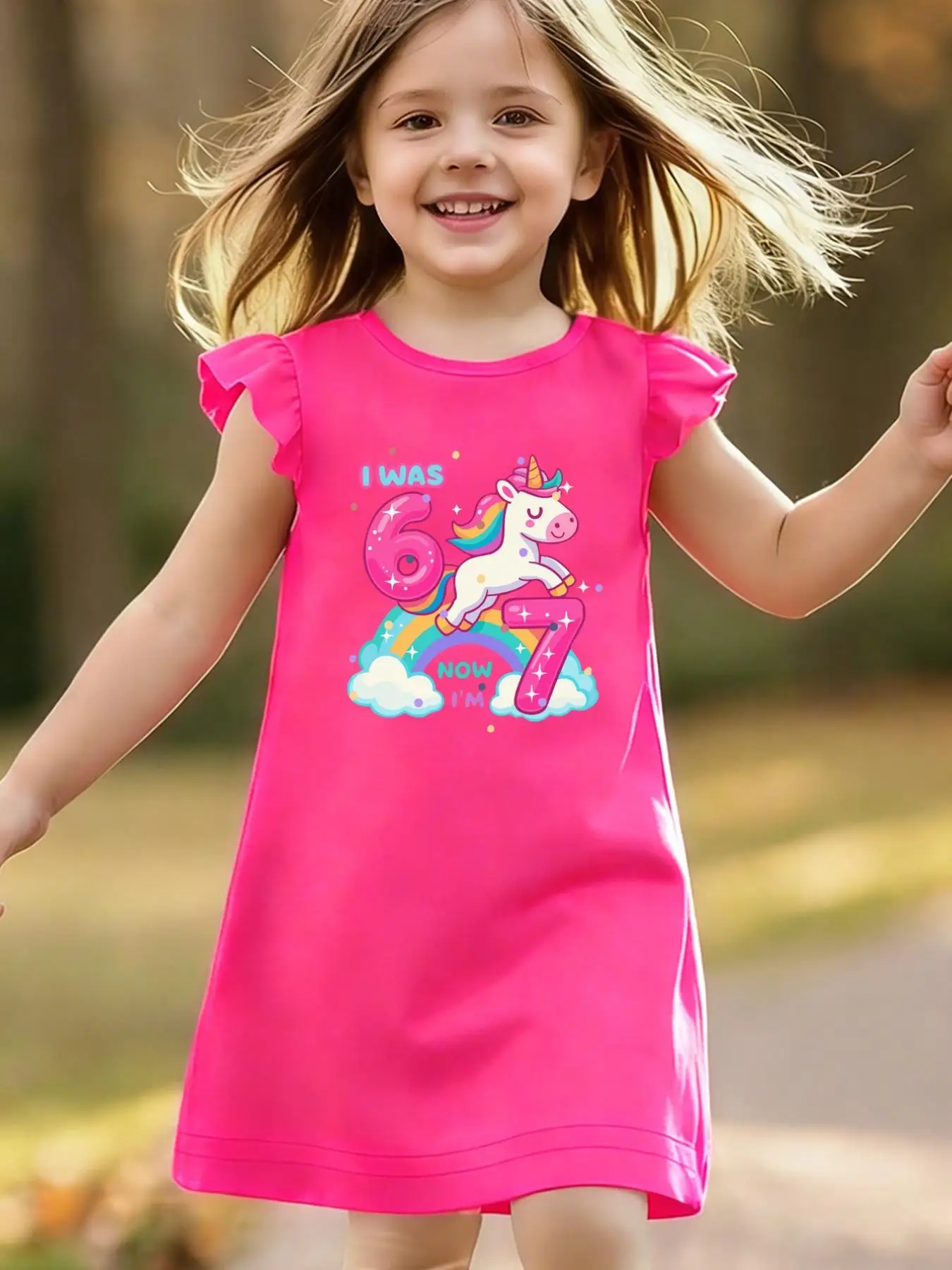 

"67 Unicorn and Rainbow" Pattern Print 1-Piece Solid Color Girls' Clothing, Casual Sports Flutter-Sleeve Dress Suitable for Girls Aged 4-12, Versatile Rose Red Outfit for Home and Outings