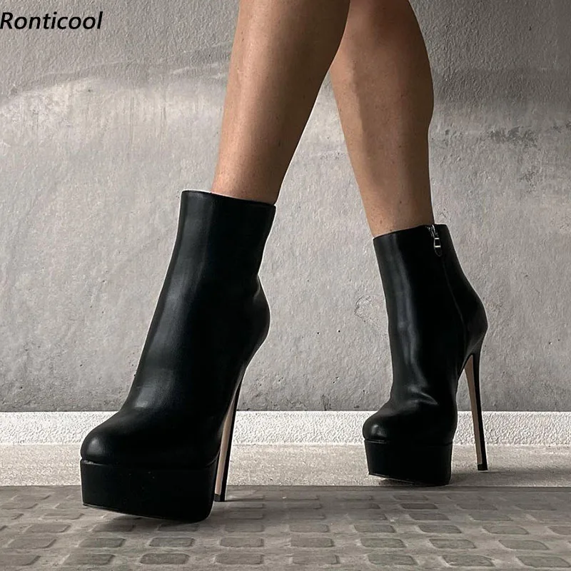 

Ronticool Women Winter Platform Ankle Boots Faux Leather Sexy Stiletto Heels Round Toe Black Club Shoes Ladies US Size 5-20