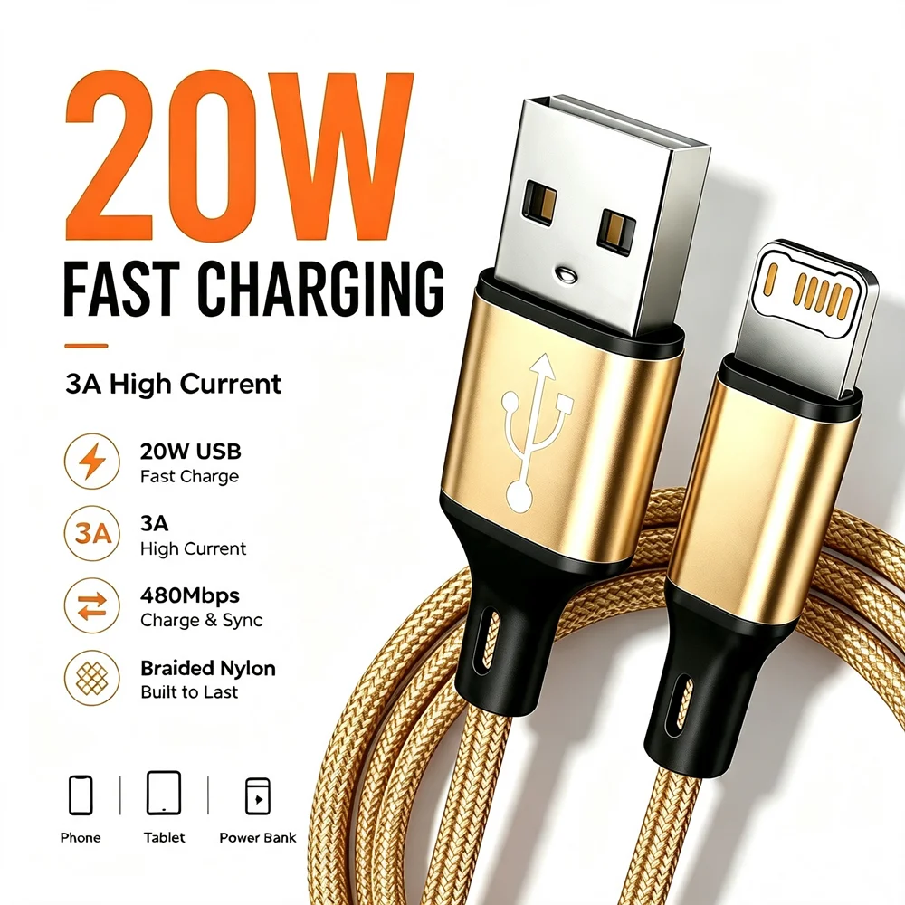 3PCS 20W USB Fast Charging Nylon Braided Cable For iPhone 11 12 13 14 Pro Max X XR XS Max SE Quick Charge USB-A Data Sync Cables