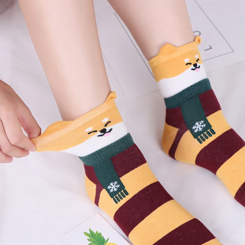 Kawaii Women Crew Socks Cartoon Cute Animal Cat Dog Bear Penguin Striped Spring Autumn Comfortable Female Casual Mid Tube Socks