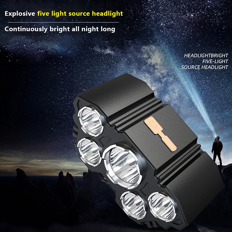 Super Bright 5 LED Head Flashlight USB Rechargeable HeadLamp Outdoor Powerful Waterproof Camping Fishing Adventure Head Lantern