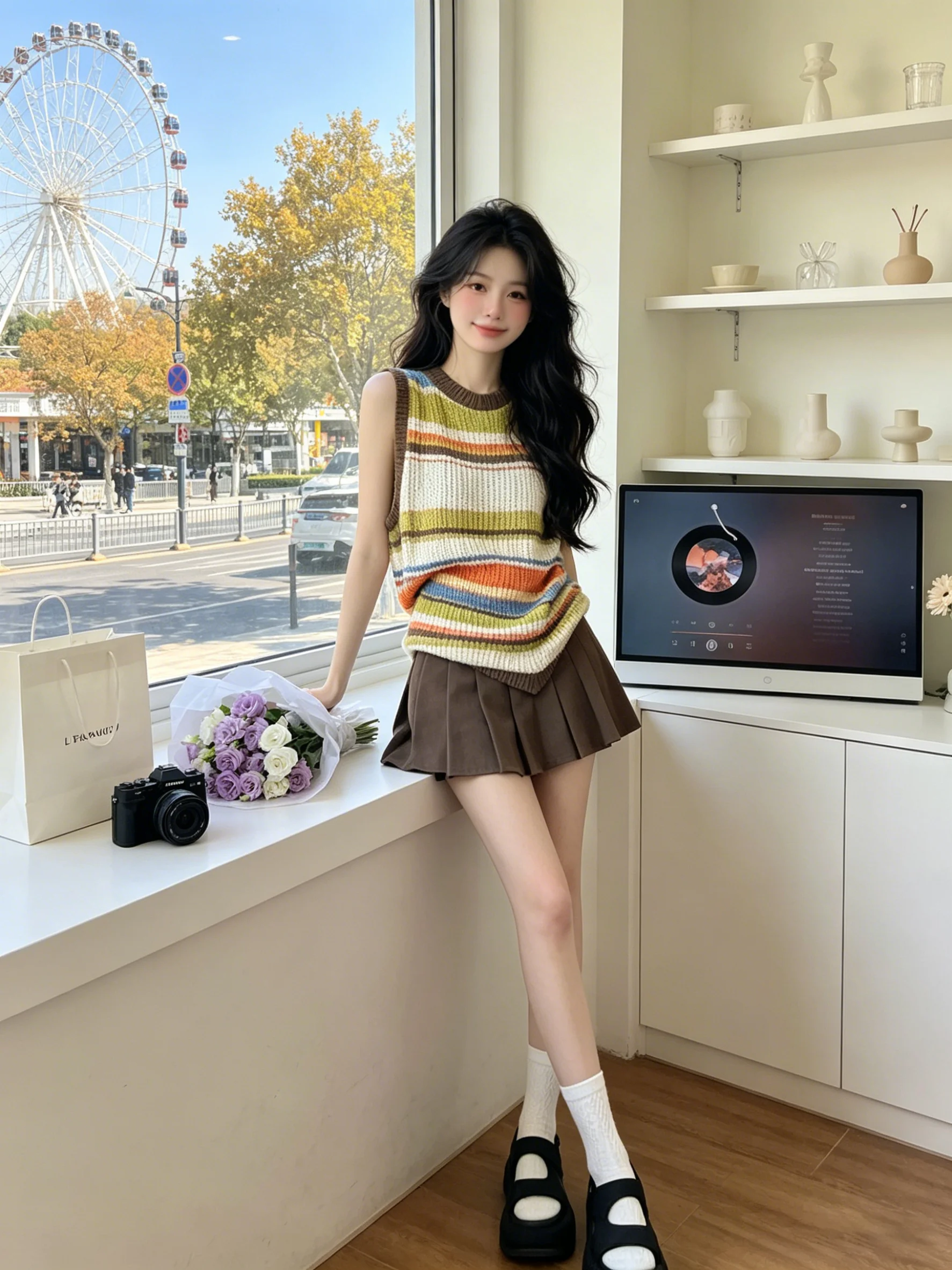 

Unique Beautiful Early Summer Women's Dopaamine Color Block Stripe Hollow round Neck Knitted Vest with Pleated Skirt Set