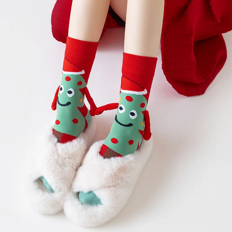Women's Socks Spring Summer Cartoon Christmas Handholding Socks Lovers Mid-tube Socks Manufacturers Magnetic Stockings Wholesale
