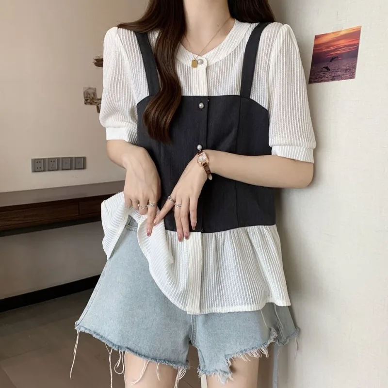 2024 Summer New Blouses Women\'s Patchwork Contrast Color Button Cardigan Simplicity Commute Loose Round Neck Short Sleeve Shirts