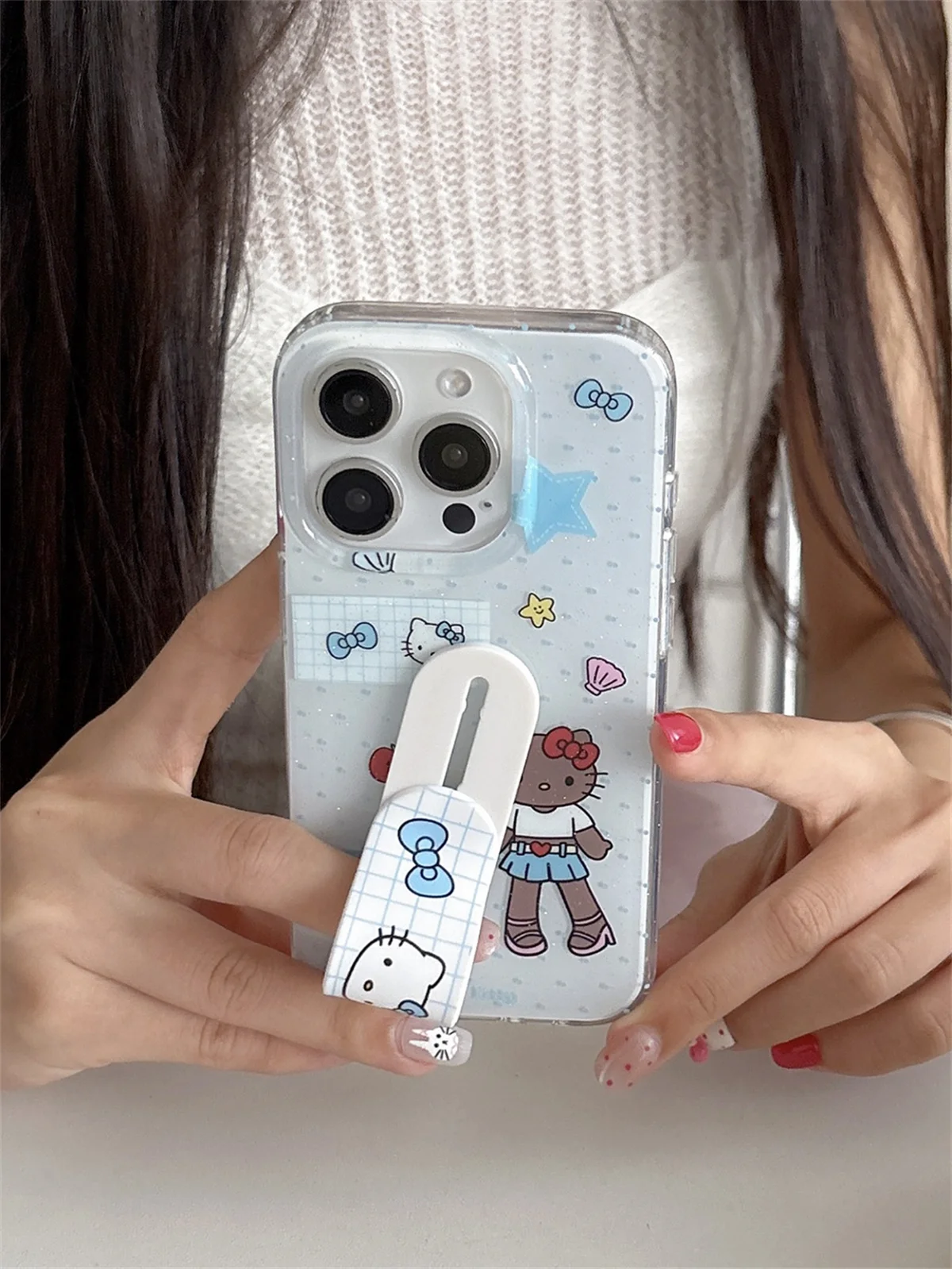 

Kawaii Hello Kitty Cat Star Phone Case For iPhone 16 Pro 13 14 15 Pro Max Cover with Stand Holder Cute Cartoon Cases Funda