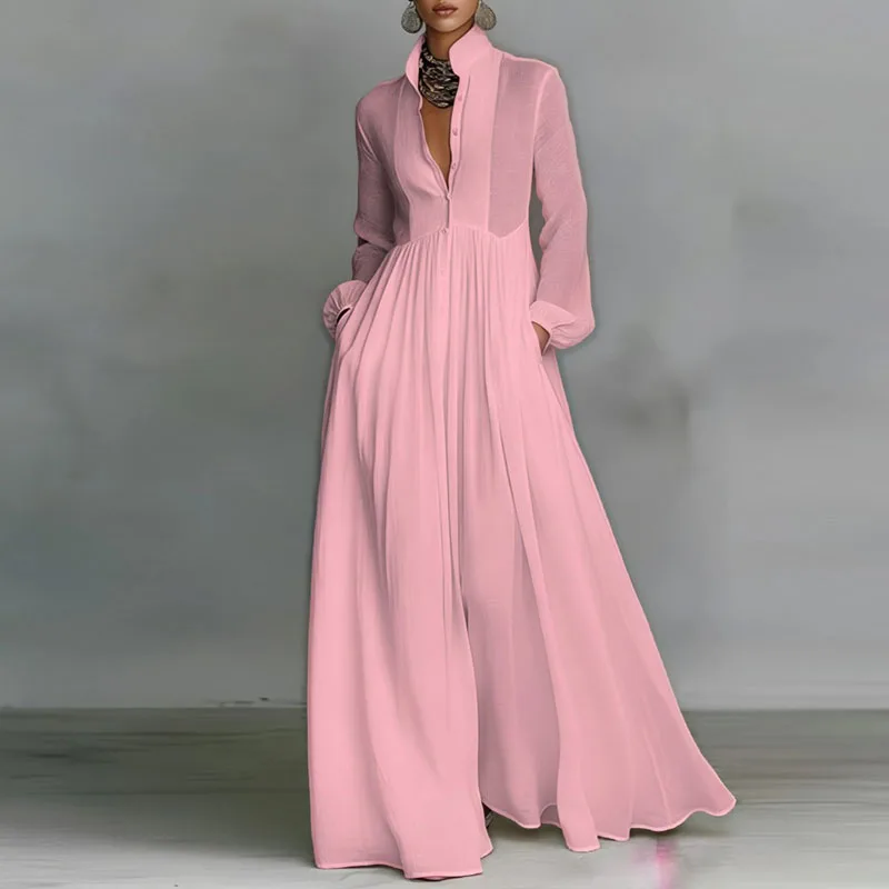 Boheemse Maxi Jurk met Staande Kraag en Knopen voor Dames, Elegant, Hoge Taille, Effen, Feestjurk, Lente, Lange Mouwen, Losse, Casual Jurk