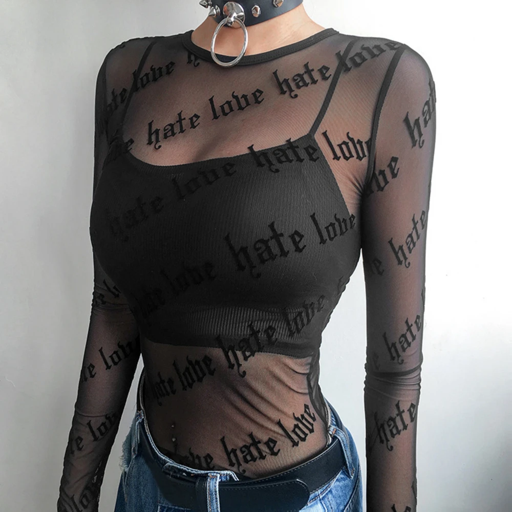 

Women's Long-Sleeved Letter Printed Top, Classic Fashion, Erotogenic Perspective, Net Yarn, Sexy, Beach, Girls, Ladies Tops