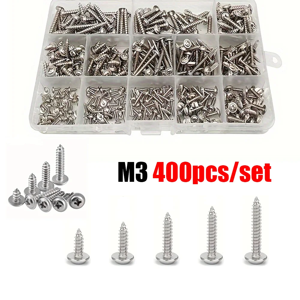 400-teiliges Set M3-Phillips-Blechschrauben mit Unterlegscheiben, 5 Größen, für Holzmöbel, Bilderrahmen und Heimreparaturen