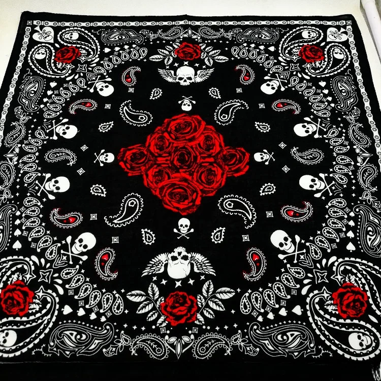 Red Rose Poker Skull Cotton Scarf Headscarf Hairband Street Dance Unisex Hip Hop Multi-Use Square Scarf for All Ages