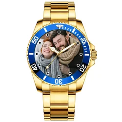 Men's Stainless Steel Golden Watch, Impressão de imagem, relógio, imagem do logotipo, fotos personalizadas, Personalidade