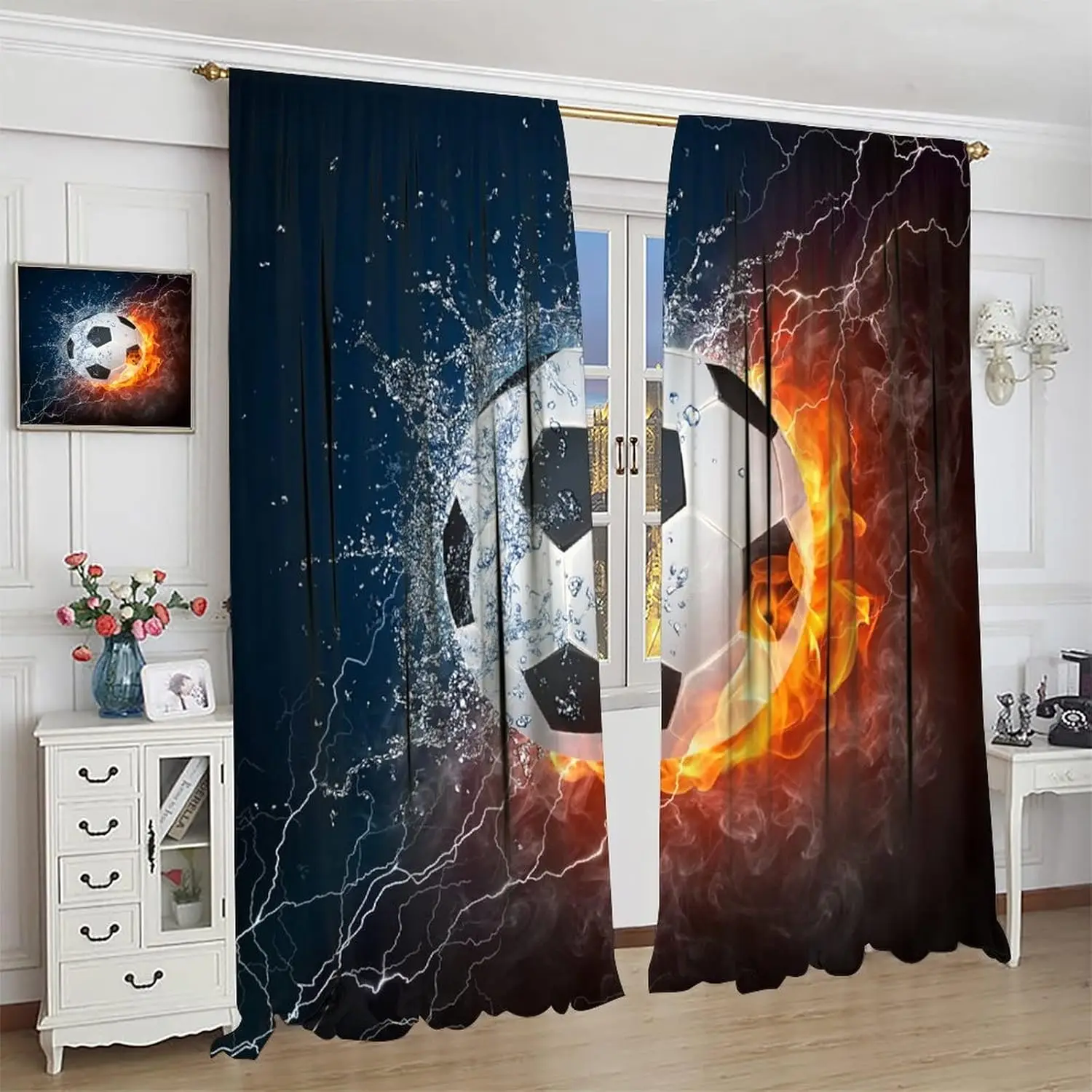 Sports Soccer Curtains,Soccer On Fire and Splash On Water Flame Lightning Blackout Decorative Window Curtains, Kids Boys Bedroom