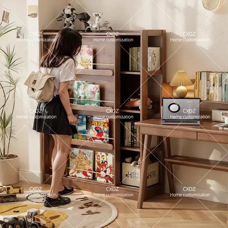 Solid Wood Children Bookshelf with Sliding Door Multi Layer Wall Mounted Storage Cabinet Floor Standing Picture Book Rack