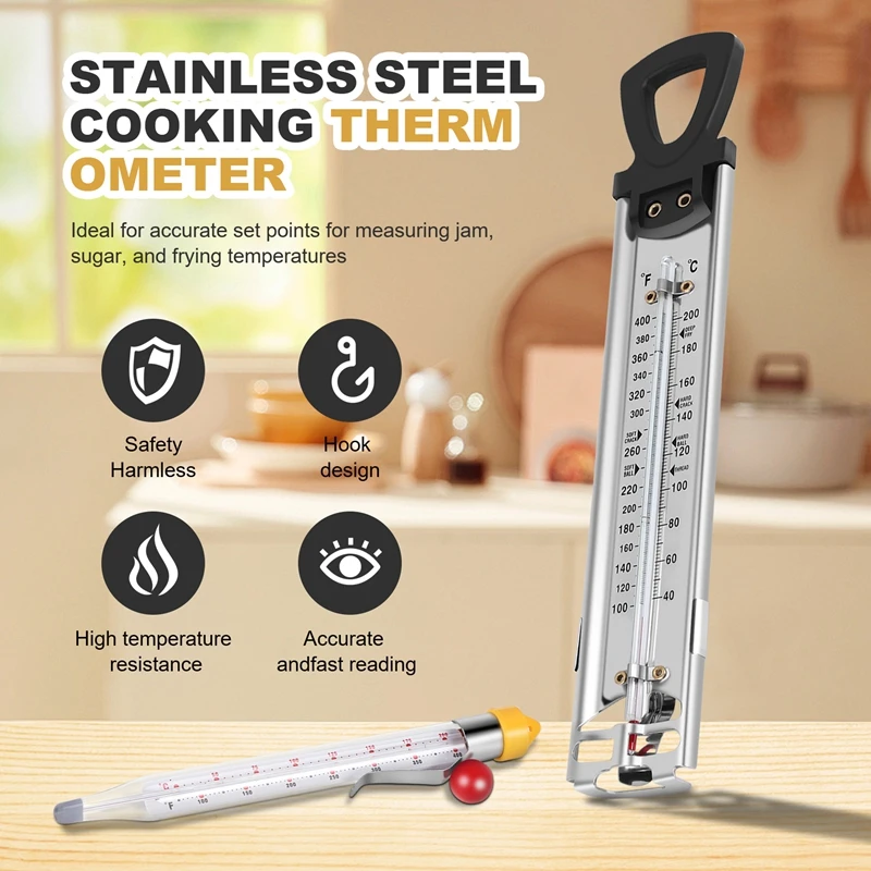 2Pcs Stainless Steel Candy Thermometer Jam Glass Thermometer Sugar Syrup Jelly Oil Deep Fry Thermometer With Hanging Hole