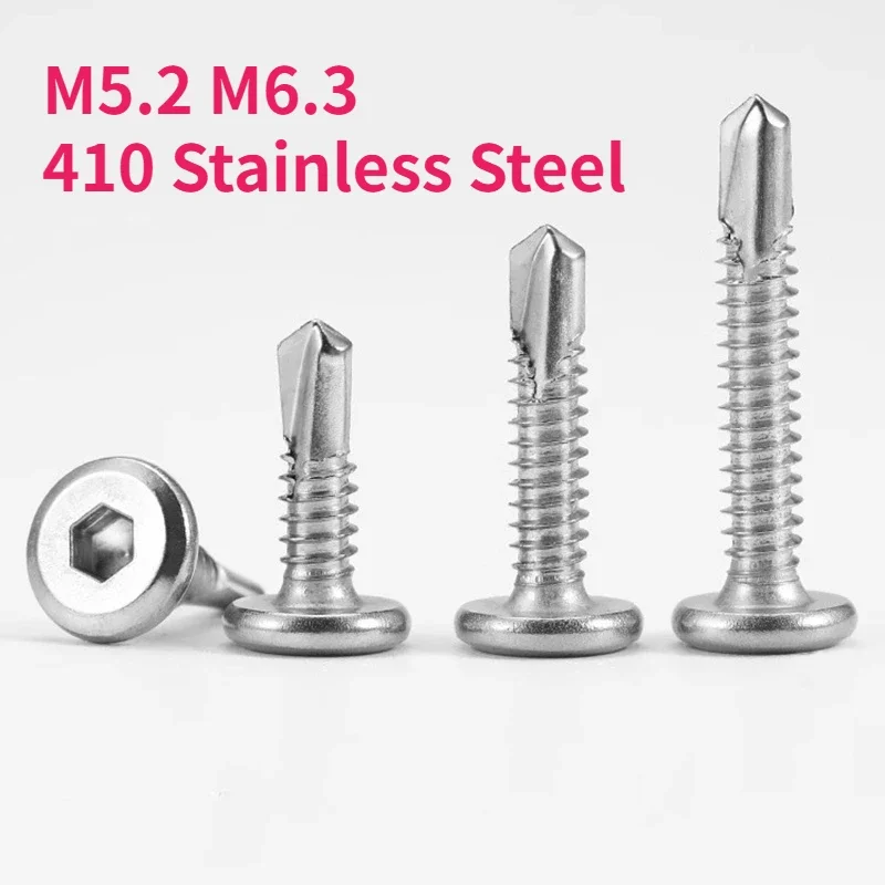 5/10/50/100pcs M5.2 M6.3 410 Stainless Steel Allen Hex Hexagon Socket Flat Head Self-tapping Screw Drilling Tail Bolt